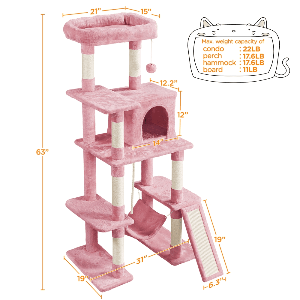 Alden Design 63" H Cat Tree Tower with Hammock and Scratching Posts, Pink