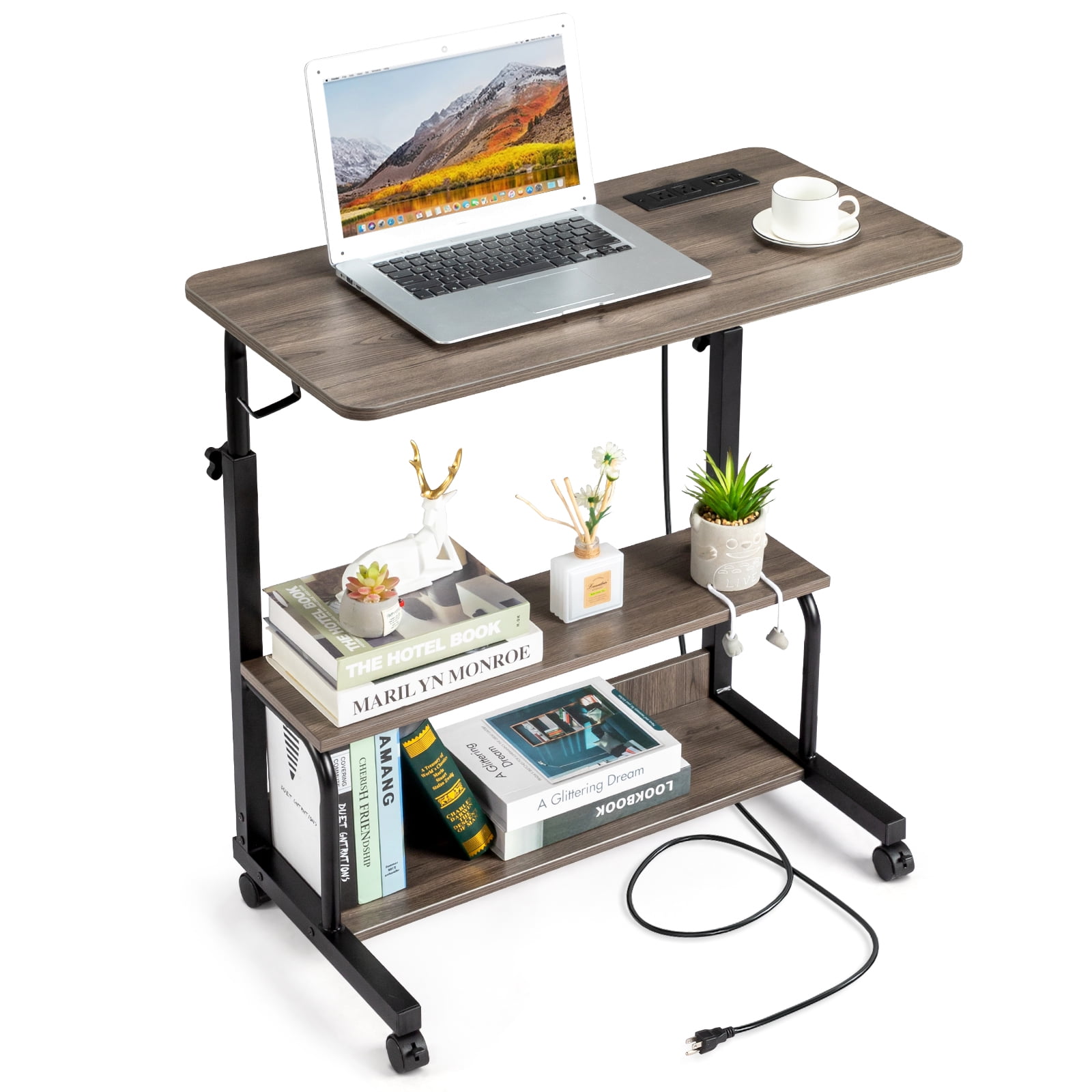 Adjustable Computer Desk with 3 USB + 2 AC Outlets, Grey Oak P2 15MM Particle Board with Melamine Coating