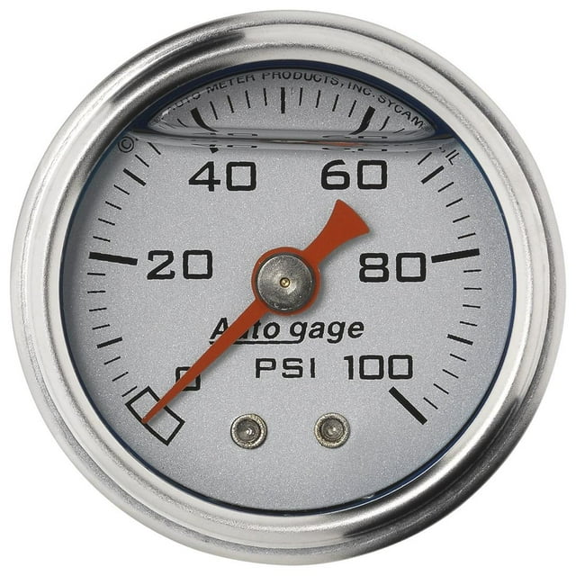 AutoMeter Gauge Fuel Pressure 2180 Autogage; 1-1/2 Inch; Full Sweep Mechanical; 0-100 PSI; Analog; Without Isolator; Without Peak Memory and Warning Indicator; Silver Face/Chrome Bezel/Orange Needle