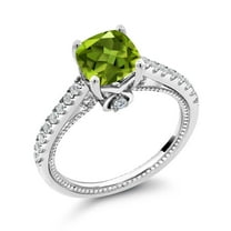 Gem Stone King 925 Sterling Silver Green Peridot and White Created Sapphire Engagement Ring for Women (2.00 Cttw, Cushion Gemstone Birthstone, Available in Size 5, 6, 7, 8, 9)