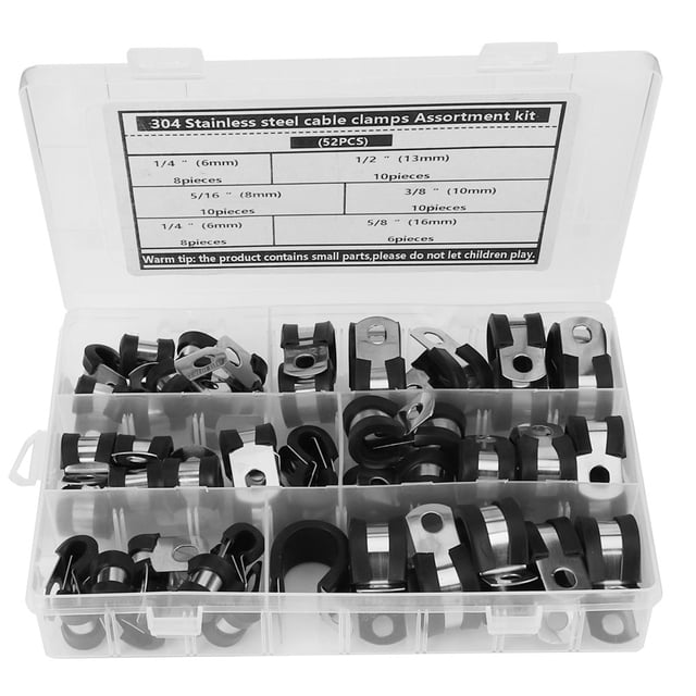 Kit surtido de 52 abrazaderas de cable con manguito de goma de acero inoxidable para la gestión de cables eléctricos.