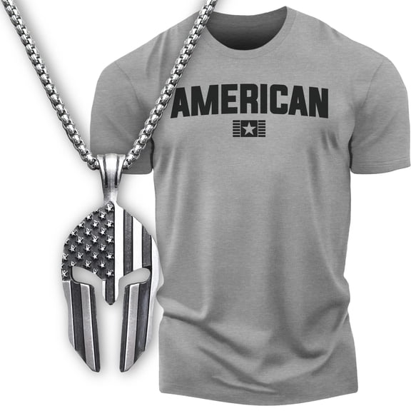Gift Set for Men – American Workout Gym Shirt with Spartan Warrior Pendant, Mens Gym T-Shirt, Fitness Gift, Motivational Gym Wear, Heather Grey, Small