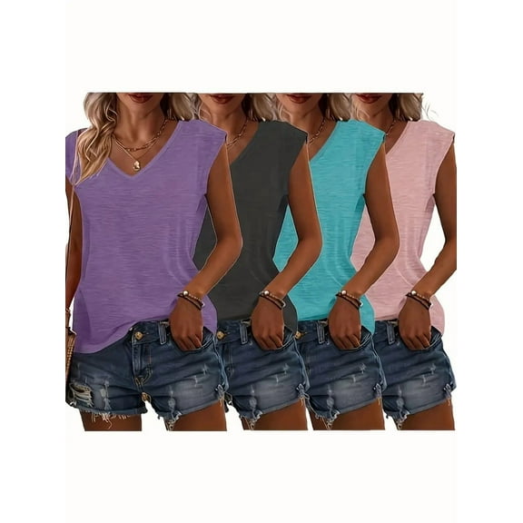 Zukuco 4 Pack Women's V Neck T-Shirts Short Sleeve Loose Fit Tops Casual Summer Basic Tee Multipack, S