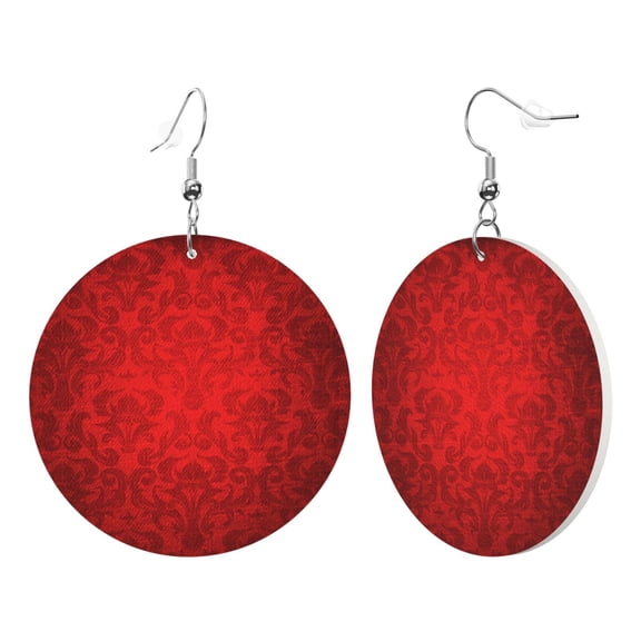 Round Leathe Dangle Earrings For Women Red Damask Circle Shape Drop Earrings Jewelry