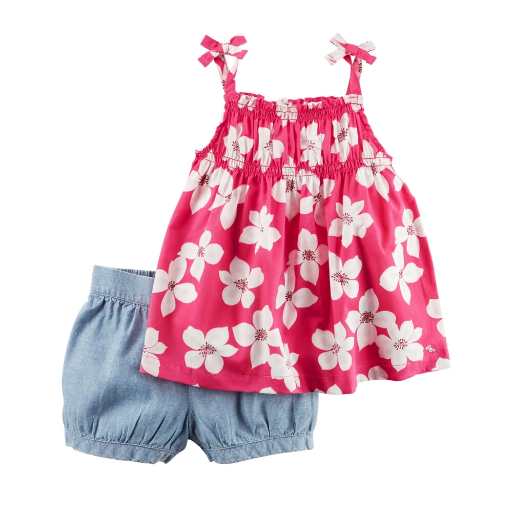 Carters Baby Girls 2Piece Floral Tie Tank & Chambray Bubble Short Set