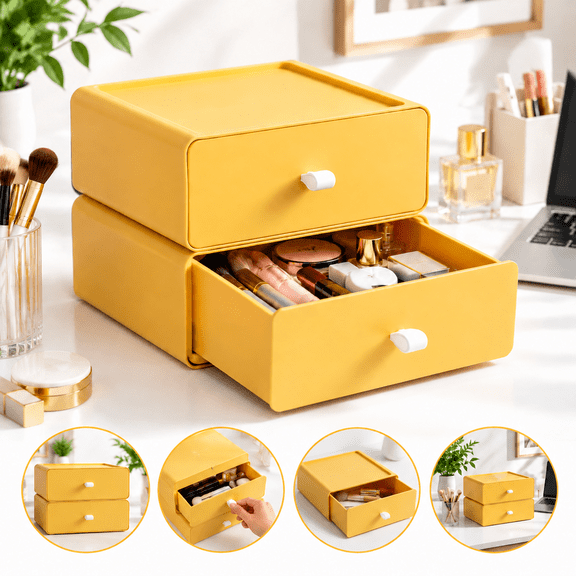 Stackable Desk Organizer Drawer, Desktop Storage Box 2 Pcs, Desk Drawers Plastic Storage Organizer Box Countertop Drawers Set for Makeups, Bathroom, Dorm, Office, Dormitory Finishing Yellow