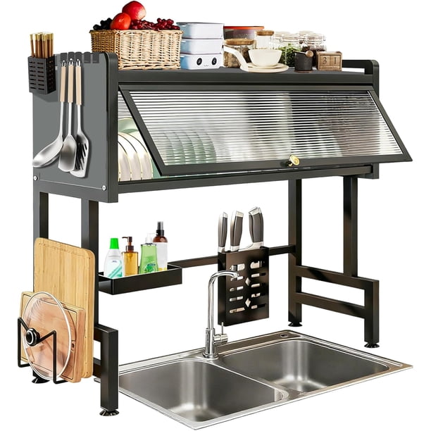 Escurridor de Trastes, sobre Fregadero, 3 Niveles Escurridor de Platos de Gran Capacidad con Puerta, Organizador Multifuncional para Platos sobre El Fregadero, Escurridor escurreplatos Grande