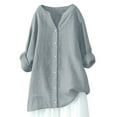 thumbnail image 4 of Huesdet Womens Cotton Linen Shirts Solid Color middle and long Sleeve Tunic Tops Oversized Tshirts for Women Casual V Neck Dressy Blouses(Grey,5XL), 4 of 4