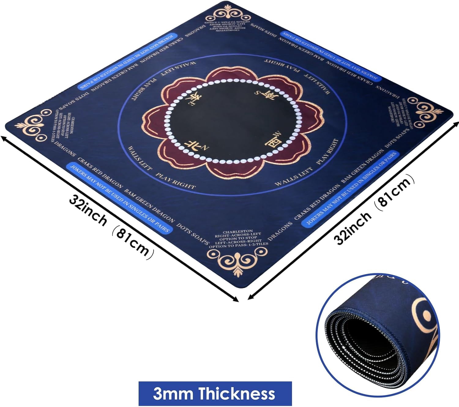 Mahjong Mat for Table, Non-Slip Noise Reduction Mahjong Table Cove 31.5x31.5 Inch Portable Gaming Mat for Poker/Cards/Board Games/Tile Games, Mahjong Tablecloth with Carrying Bag (Dark Blue)