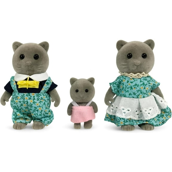 OLEOCA Family Gray Cat Figures — Set of 3 Collectible Flocked Mini Dolls with Removable Clothes, Miniature Dollhouse Pretend Play Figures for Kids Ages 3 
