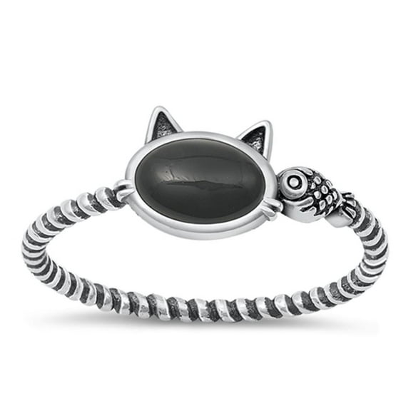 CHOOSE YOUR COLOR Simulated Black Onyx Cat & Fish Ring .925 Sterling Silver Rope Band CZ Female Size 8