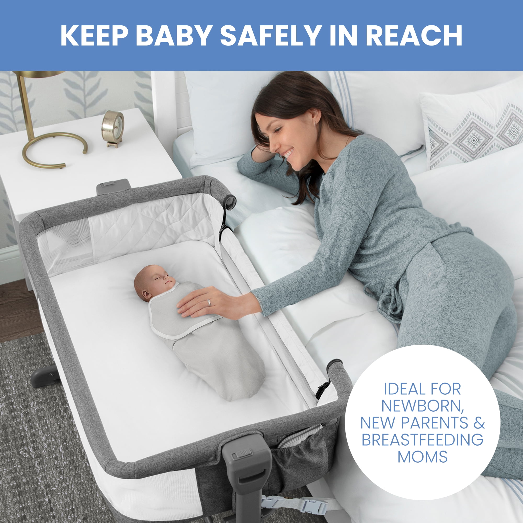 Delta Children Close2Me Bedside Baby Bassinet Sleeper with Breathable Mesh and Adjustable Heights - Lightweight Portable Crib, Grey