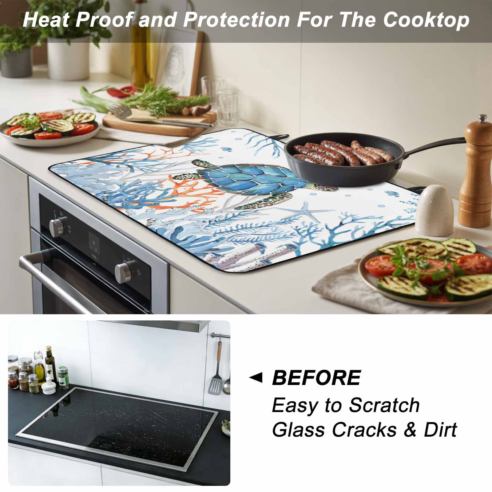 Sea Turtle Coastal Stove Top Cover for Electric Stove, Heat-proof & Non Slip Glass Top Stove Cover Protector, Nautical Summer Beach Coral Ocean Kitchen Flat Cooktop Rubber Mat 24x21 Inches