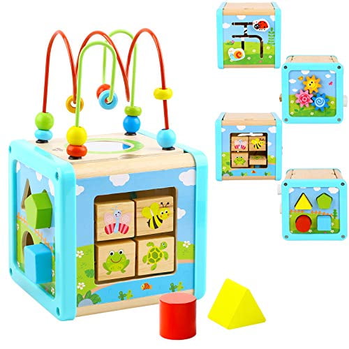 TOOKYLAND Activité cube en Bois Jouets Perle Labyrinthe Forme Trieuse Apprentissage Développement Montessori Jouets Petite Taille Cadeaux pour les Tout-Petits Enfants