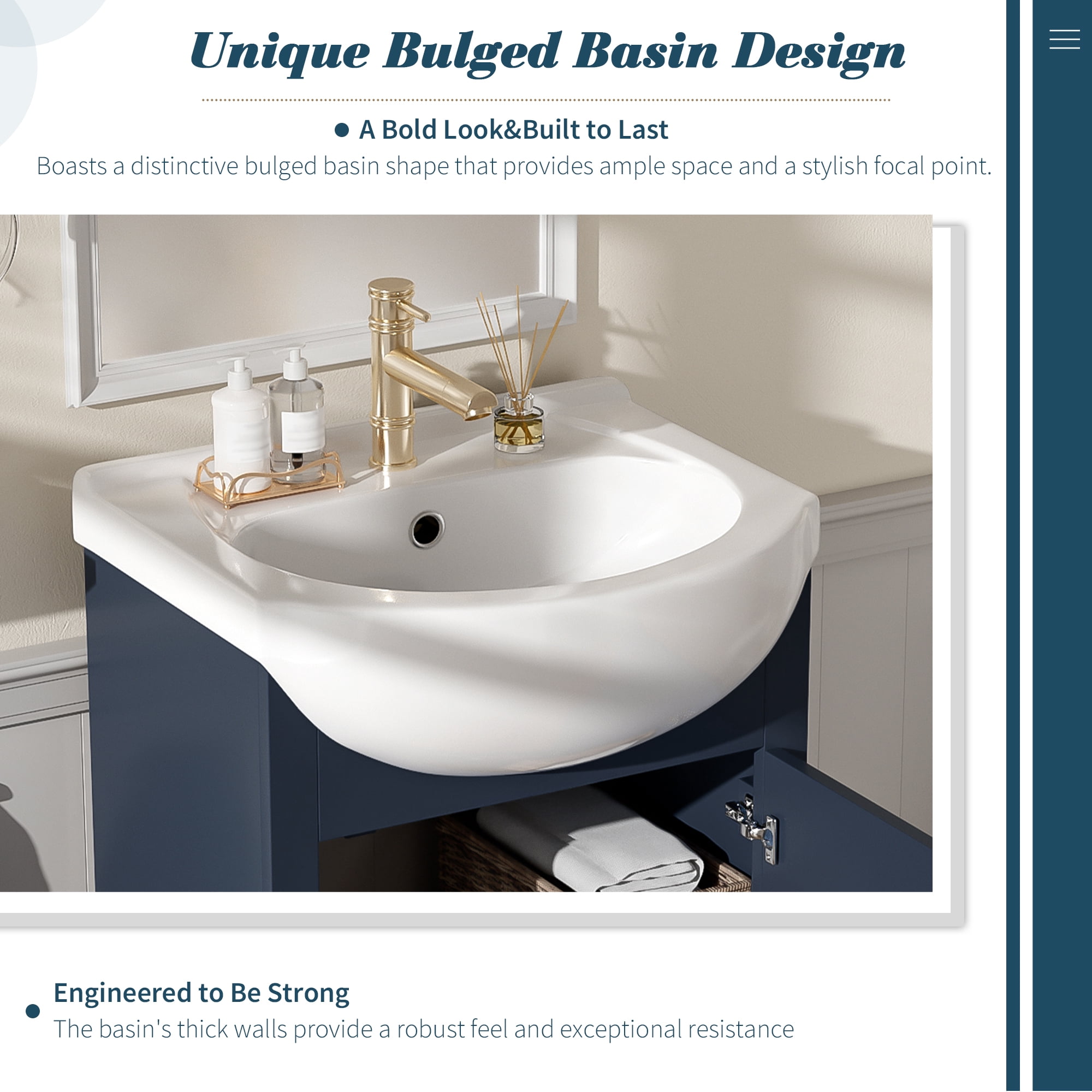 20-inch Bathroom Vanity with Ceramic Sink, Freestanding Single Vanity Set with Soft Closing Door, Bulged Ceramic Basin, French Style, Blue