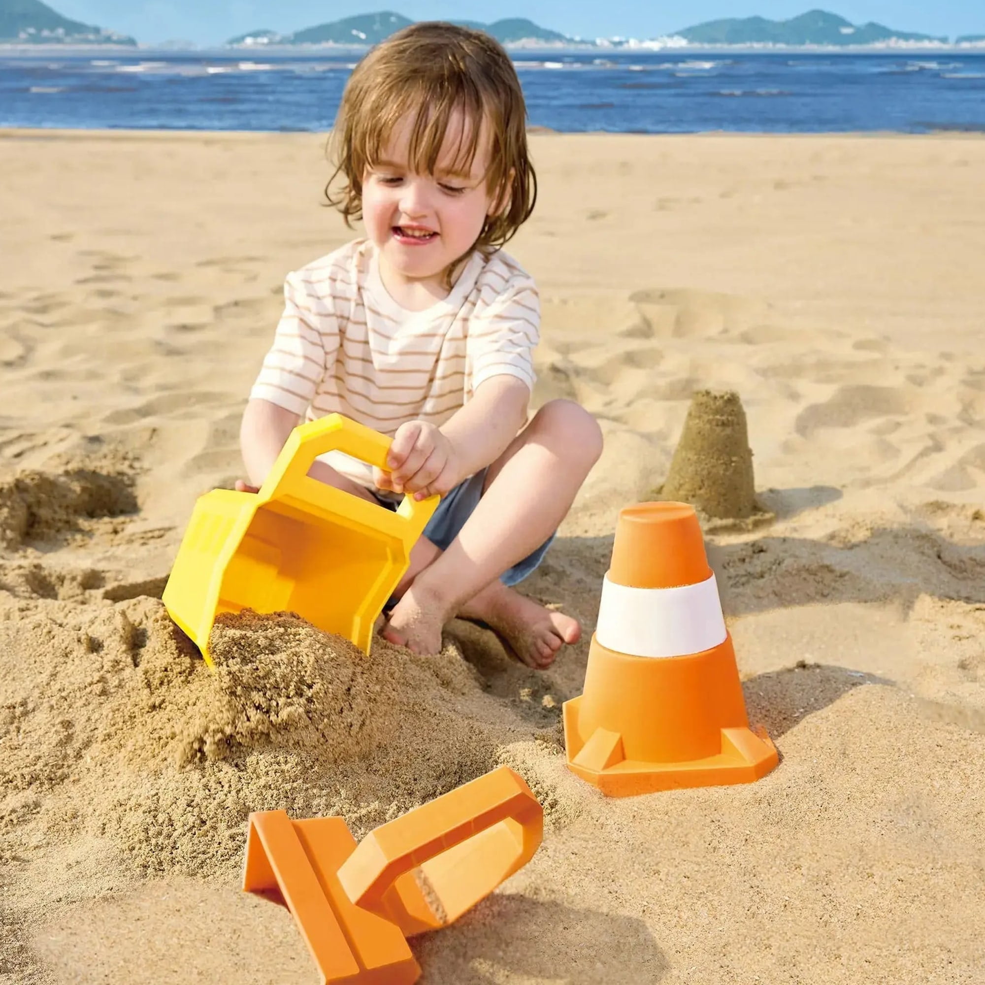 Hape: Sand Construction Playset - 4pc Beach Toy Set, Digger Bucket, Bulldozer Shovel, Safety Cone, Indicator, Scoop & Dig, Water Play, Kids Ages 3+