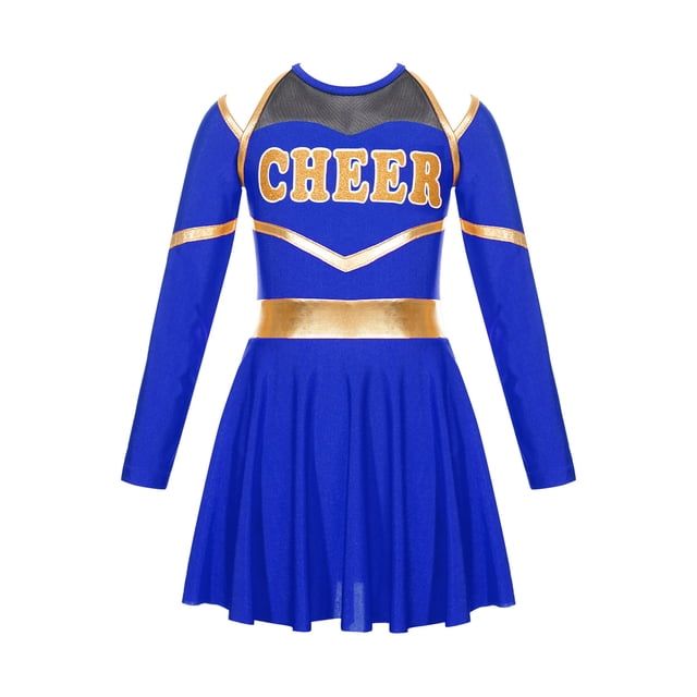 Mufeng Robe de Cheerleader d'Halloween pour Filles Manches Longues Épaules Dénudées Robe de Danse Bleu Royal 12