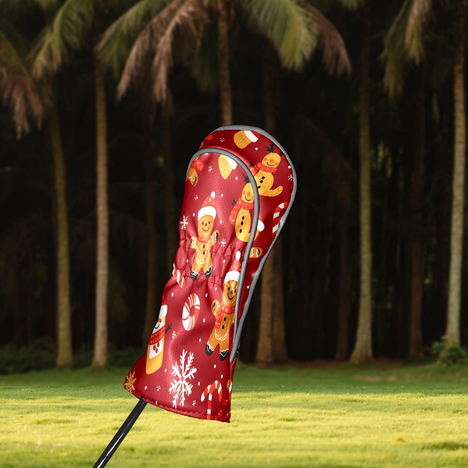 Golf Club Covers, Red Xmas Gingerbread Premium PU Leather Driver Hybrid Putter Head Covers with Velvet Lining, Waterproof Golf Gifts for Men Women