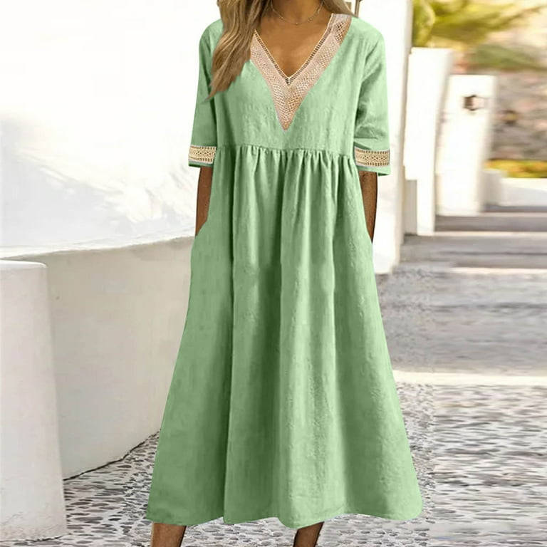 Cflvaek Summer Gauze Cotton Linen Dresses for Women with Pocket Plus Size Short Sleeve Resort Wear Dress Casual Solid Color Beach Dresses Loose Fit Cflvaek Summer Gauze Cotton Linen Dresses for Women with Pocket Plus Size Short Sleeve Resort Wear Dress Casual Solid Color Beach Dresses Loose Fit