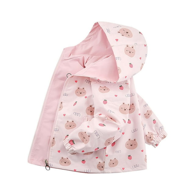 Girls Reversible Hooded Jacket, Two Sided Bear Print Design, Spring and Fall Outdoor Casual Wear, Long Sleeve Zip Up for Comfortable Play