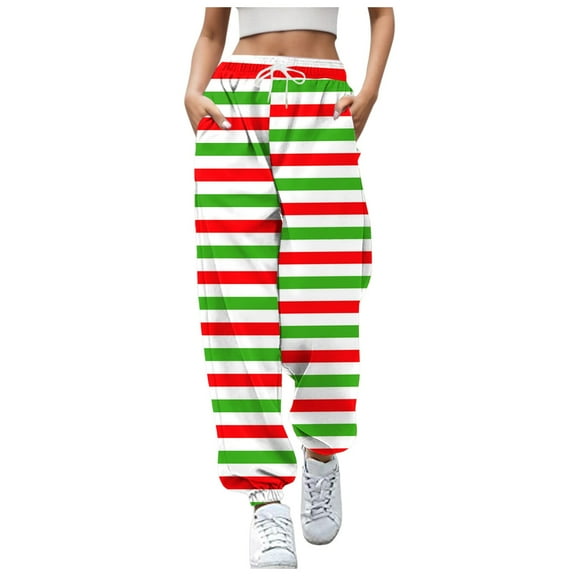 Fiaer Christmas Womens Sweatpants Baggy Plus Size Xmas Pants Santa Snowflake Funny Graphic High Waisted Casual Trendy Pockets Trousers Multicolour XL