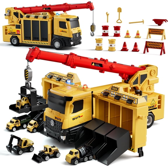 Crane Truck Toy, Construction Trucks Toys for 3 Year Old Boys, Kids Excavator Crane Truck Toy with Excavators, bulldozers, dump trucks, cement mixers and Sounds, Construction Toys 3  Year Old