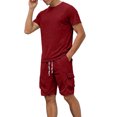 thumbnail image 2 of Mens 2 Piece Outfit Crew Neck Short Sleeve Ligjtweight Drawstring Shorts Summer Solid Color Set With Large Pockets Wine L, 2 of 7