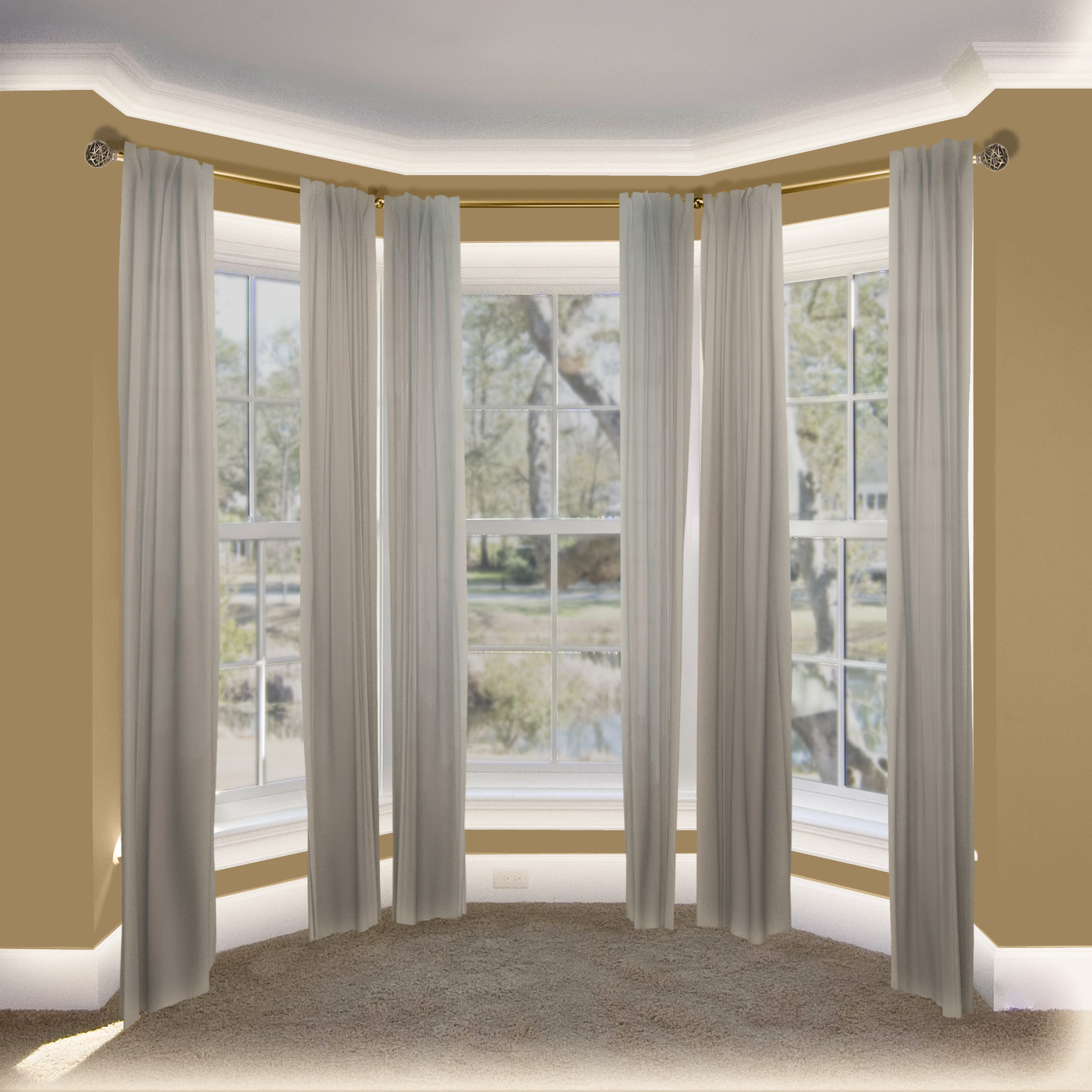 Central Design ABay-88-4 0.8125 in. Arabella Bay Window Curtain Rod with Side Rod Extends Upto 20 to 36 in. & Center Rod Extends Upto 38 to 72 in., Antique Brass