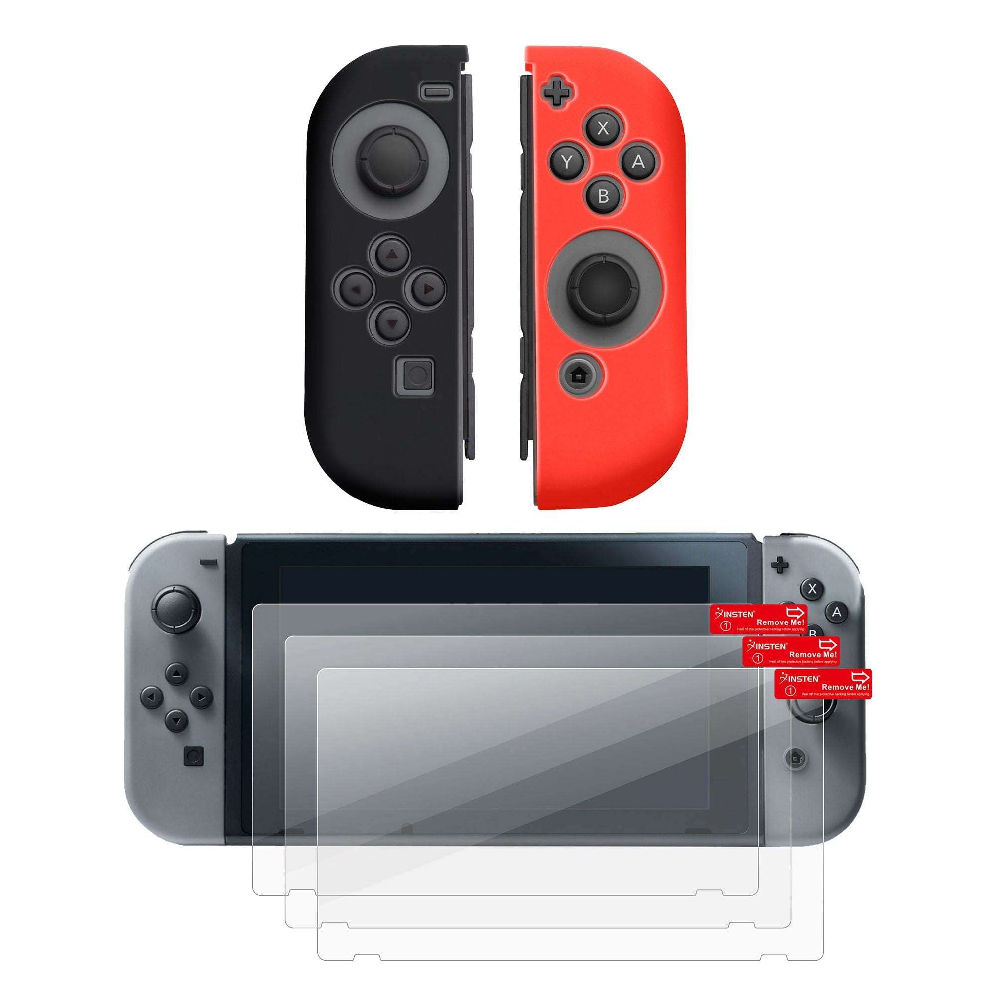 Nintendo Switch JoyCon case & Screen protector, by Insten (Left BLACK + Right RED) Nintendo