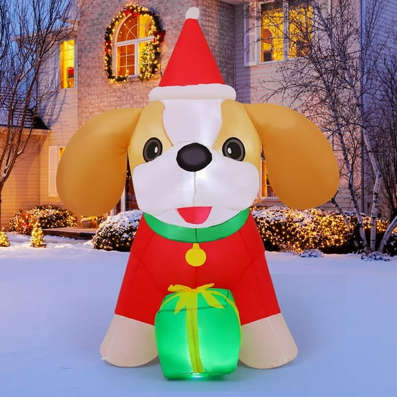 COMIN 5 FT Christmas Inflatables Cavalier King Charles Puppy Dog Outdoor Decorations Blow Ups Yard Present Box with Built-in LEDs for Indoor Party Garden Lawn Decor