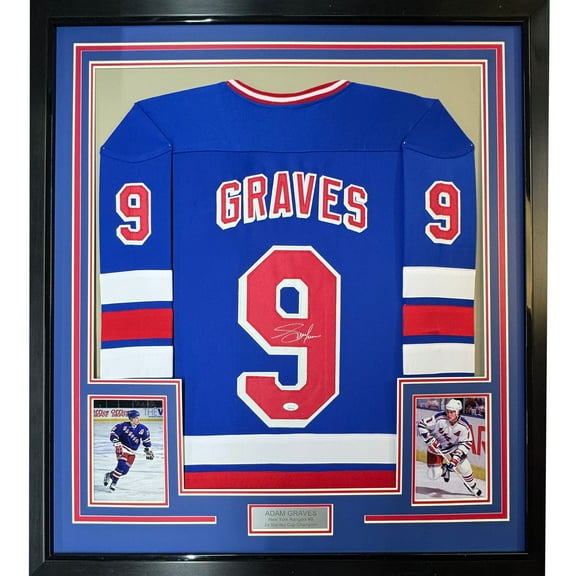 Framed Autographed/Signed Adam Graves 35x39 New York Blue Hockey Jersey Beckett BAS COA
