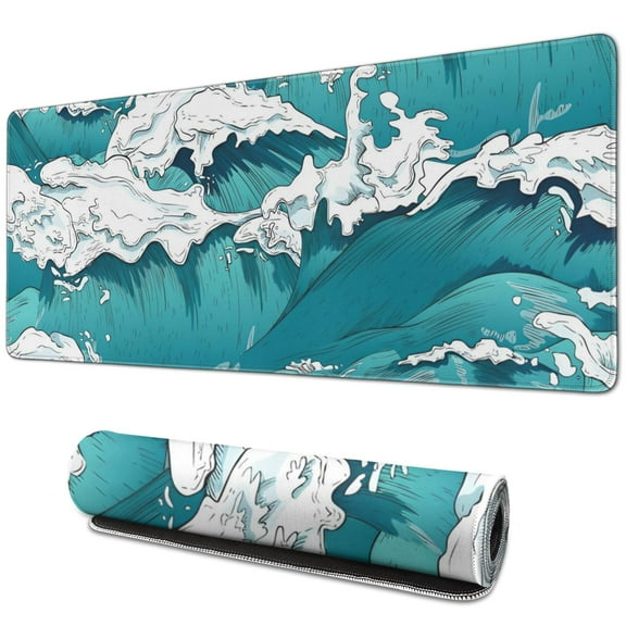 Enhance Your Gaming Experience with our XL Japanese Blue and White Wave Mouse Pad - Non-Slip Rubber Base, Stitched Edges, Large Size, 31.5 X 11.8 Inch