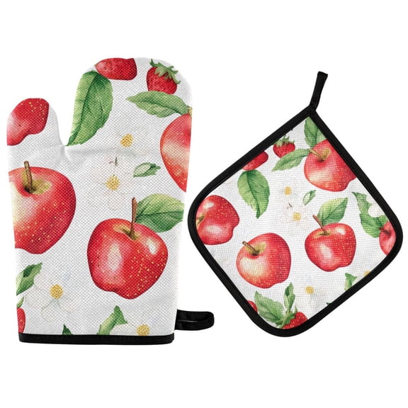 Yayeee Oven Mitts and Pot Holder Set of 2 Heat Resistant Kitchen Gloves Baking Hot Pad, White Apple Pattern