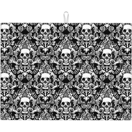 

White Black Skull Dish Drying Mat For Kitchen Counter Large Absorbent Dish Drainer Super Absorbent Microfiber Dish Drying Pad 18x24 Inch