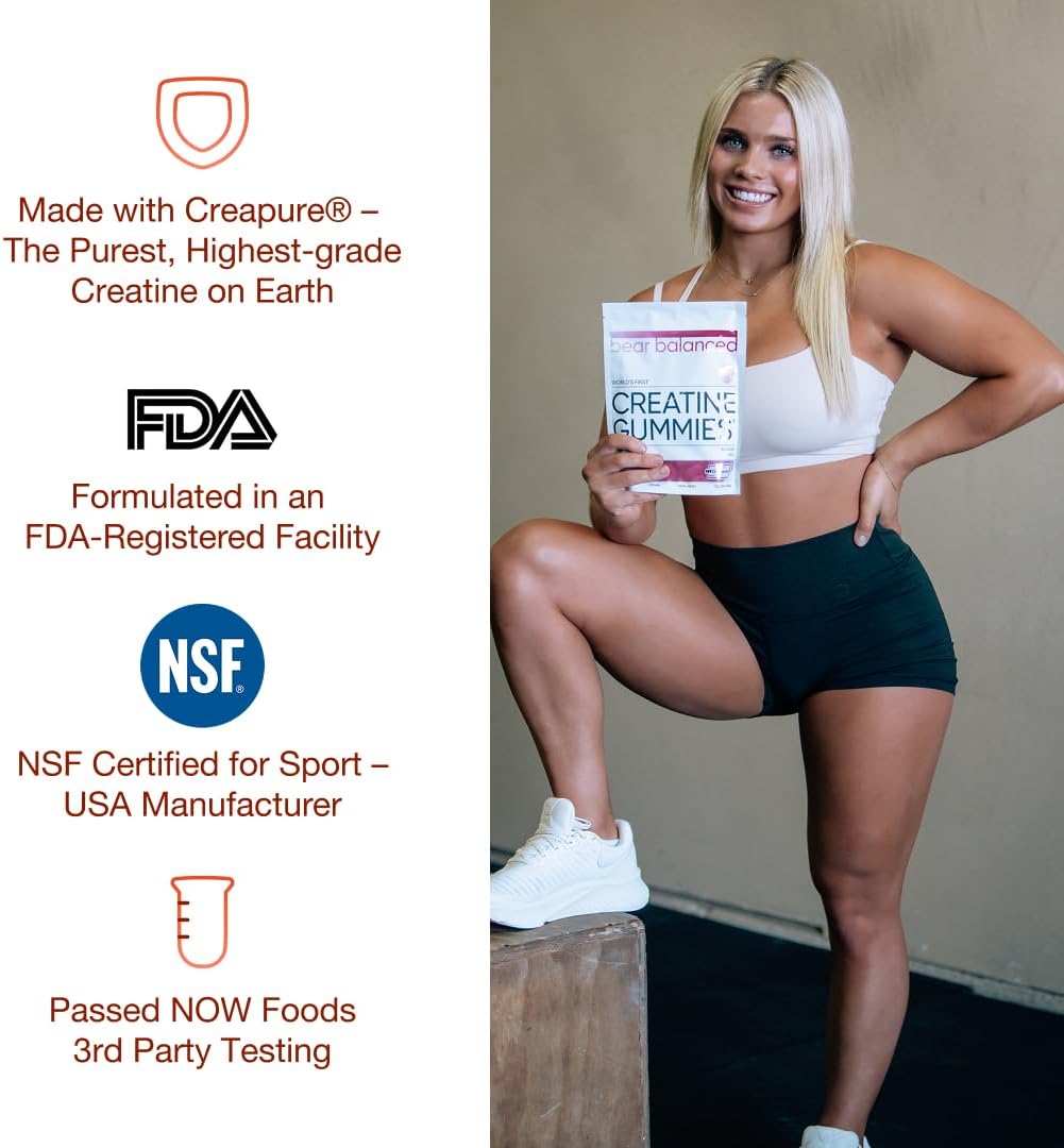 Bear Balanced Creatine Gummies, Muscle Growth Support for Men and Women, Peach Mango, 90 Count