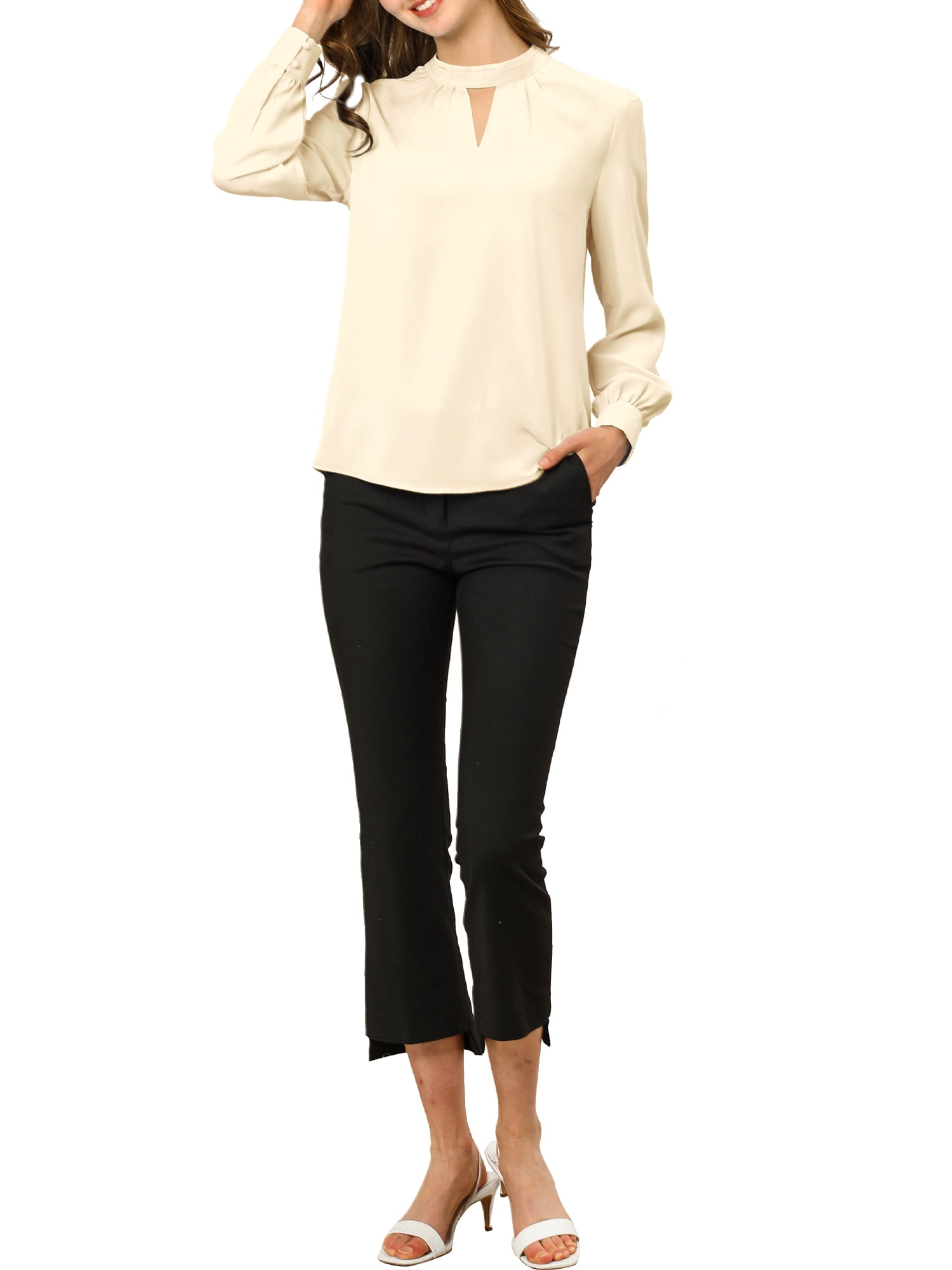 DARING DIVA Women's Stand Collar Long Sleeve Office Blouse S Beige