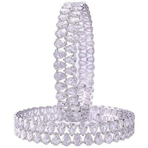 Ratnavali Jewels CZ Zirconia Silver Tone White Diamond Elegant Bollywood Indian Bangles Jewelry Women