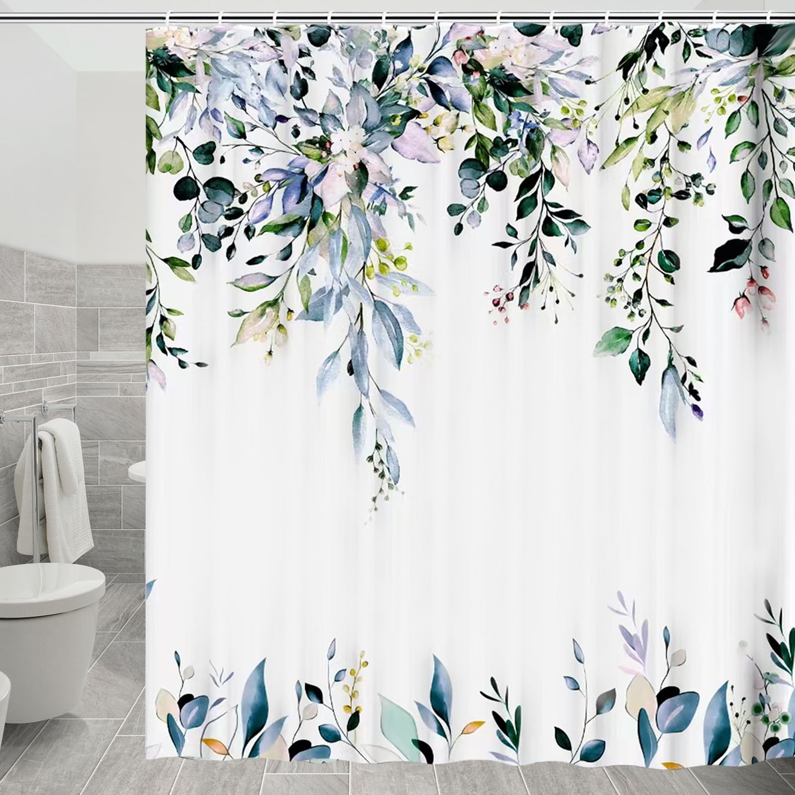 Dznils Blue Green Eucalyptus Fabric Shower Curtain, Watercolor Floral Pattern with Hooks, 72" x 72"
