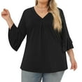 thumbnail image 3 of Summer Plus Size Tops For Women Causal Solid Color Loose 3/4 Length Ruffled Sleeve V-Neck Pullover Blouse T-Shirt Oversized Women Shirts Under $10 Black XL, 3 of 7