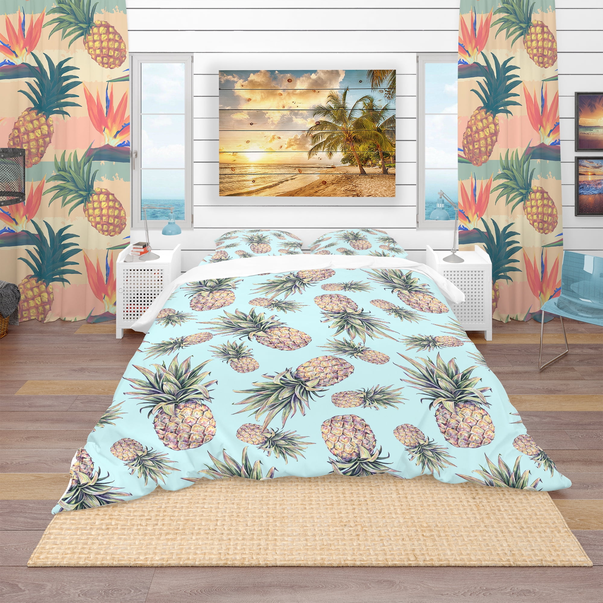 Designart 'Pineapples on a Light Blue Background' Tropical Duvet Cover Set