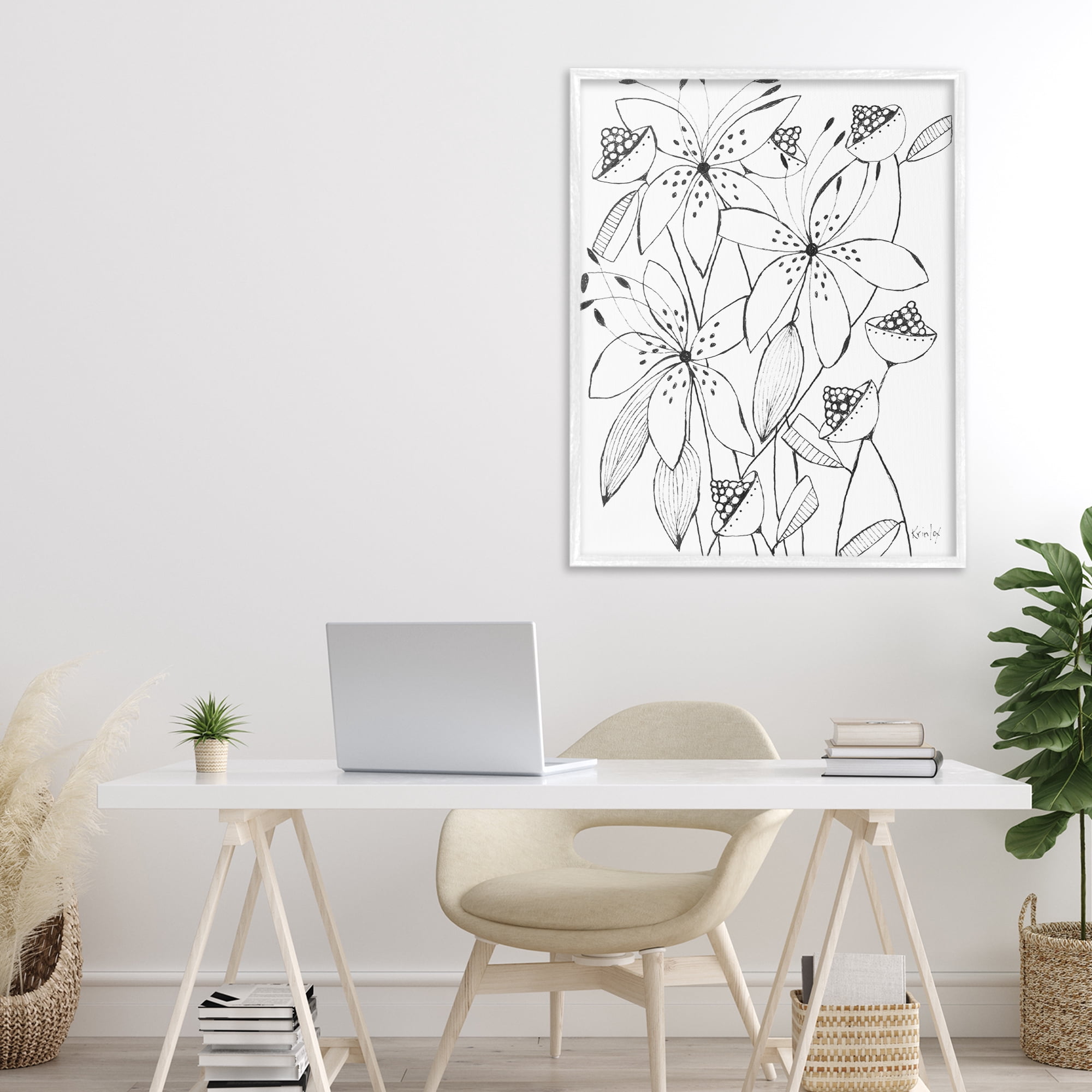 Stupell Industries Open Blooms Outline White Framed Giclee Art, design by Krinlox