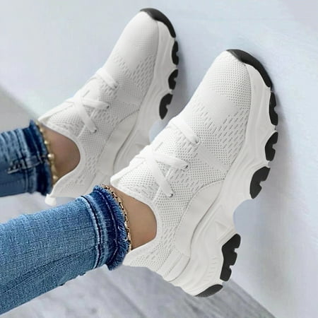 

Aayomet Women s Fashion Sneakers Ladies Fashion Solid Color Breathable Mesh Knitted Lace Up Thick Sole Casual Sports Shoes White 9