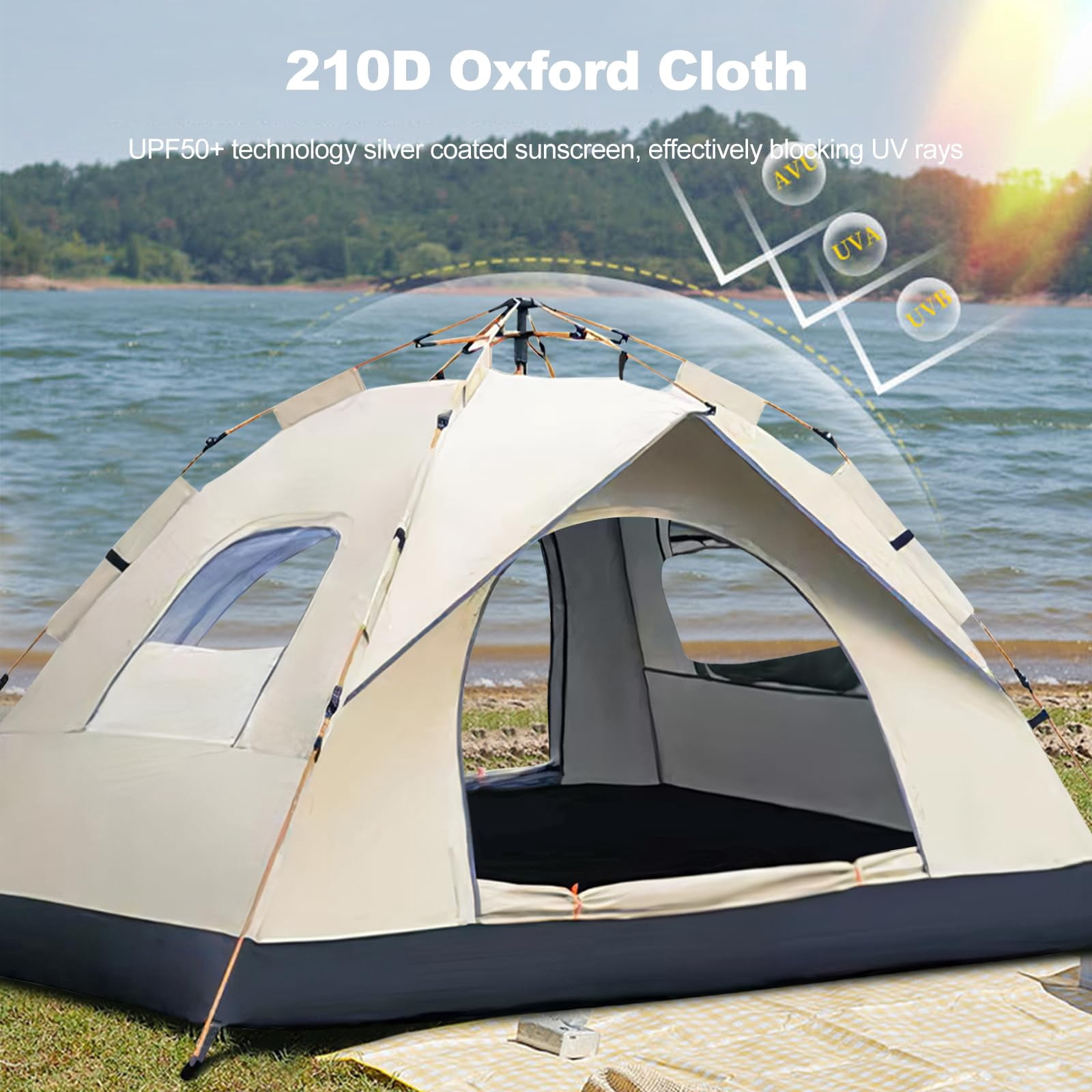3-4 Person Family Camping Tent - Waterproof Windproof 4-Season, 1500mm Rainfly, Carry Bag & Stakes Included