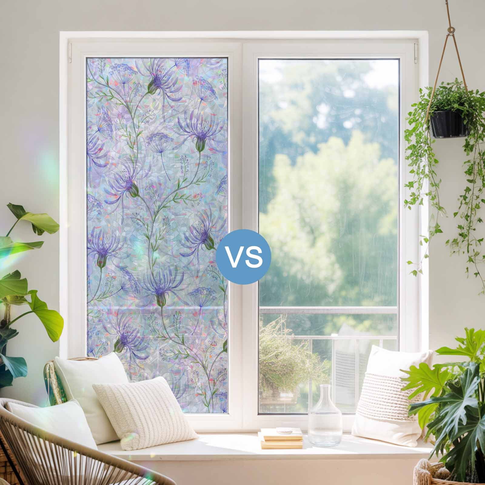 Purple Flowers Window Privacy Film Stain Glass,Reusable Decorative Rainbow Window Film,Botanical Florals Plants Country Aesthetic Static Cling Sun Blocking Stickers Decals Covers 23.6" x 59" (2pcs)
