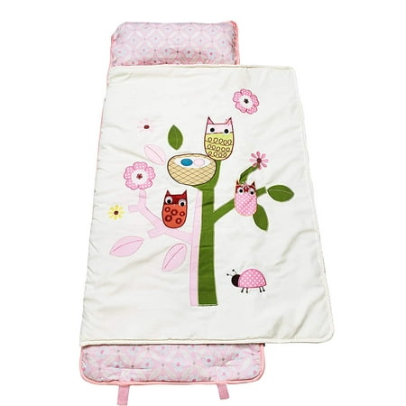 SoHo Kids Nap Mat | Preschool, Daycare Kid Toddler Nap Mat for Girls, Easy Rollup w/ Carrying Strap (Pink Owls Tree