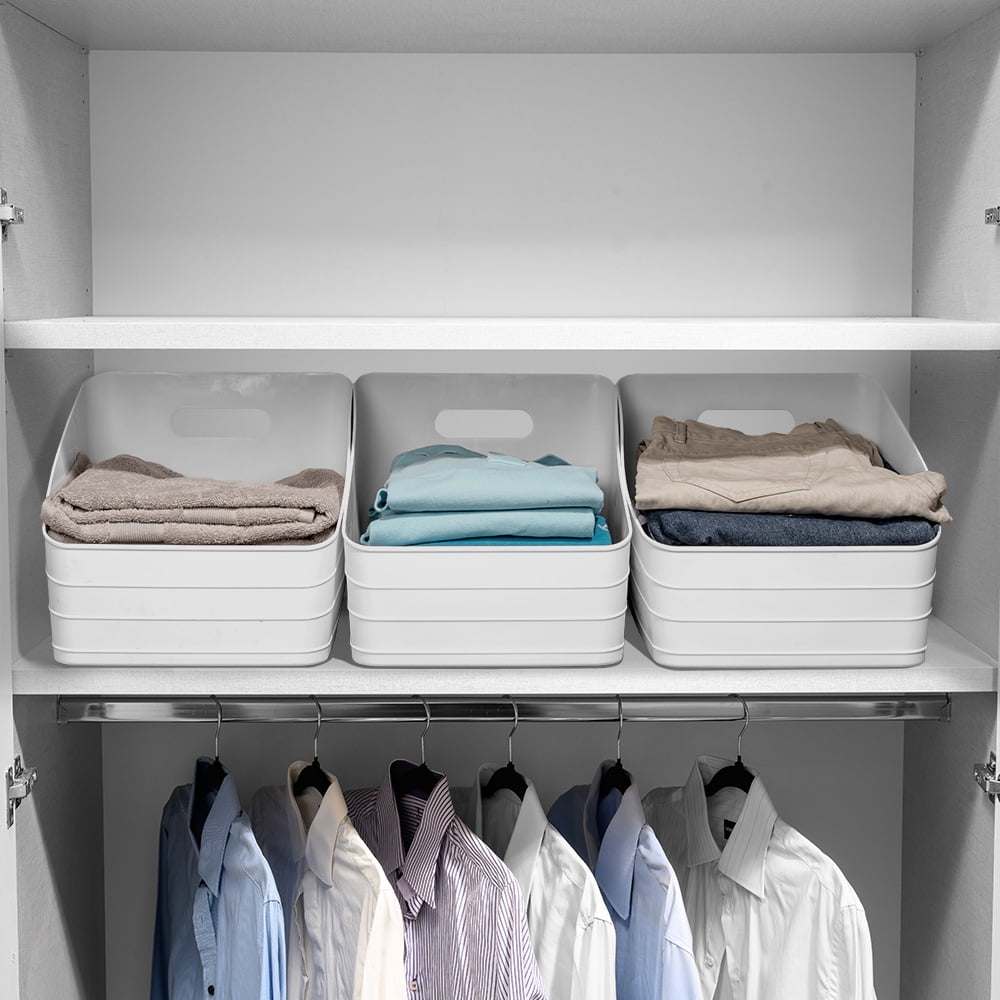 (3 pack) Mainstays Wide Plastic Slanted Closet Organizer Bin with Handle, Arctic White