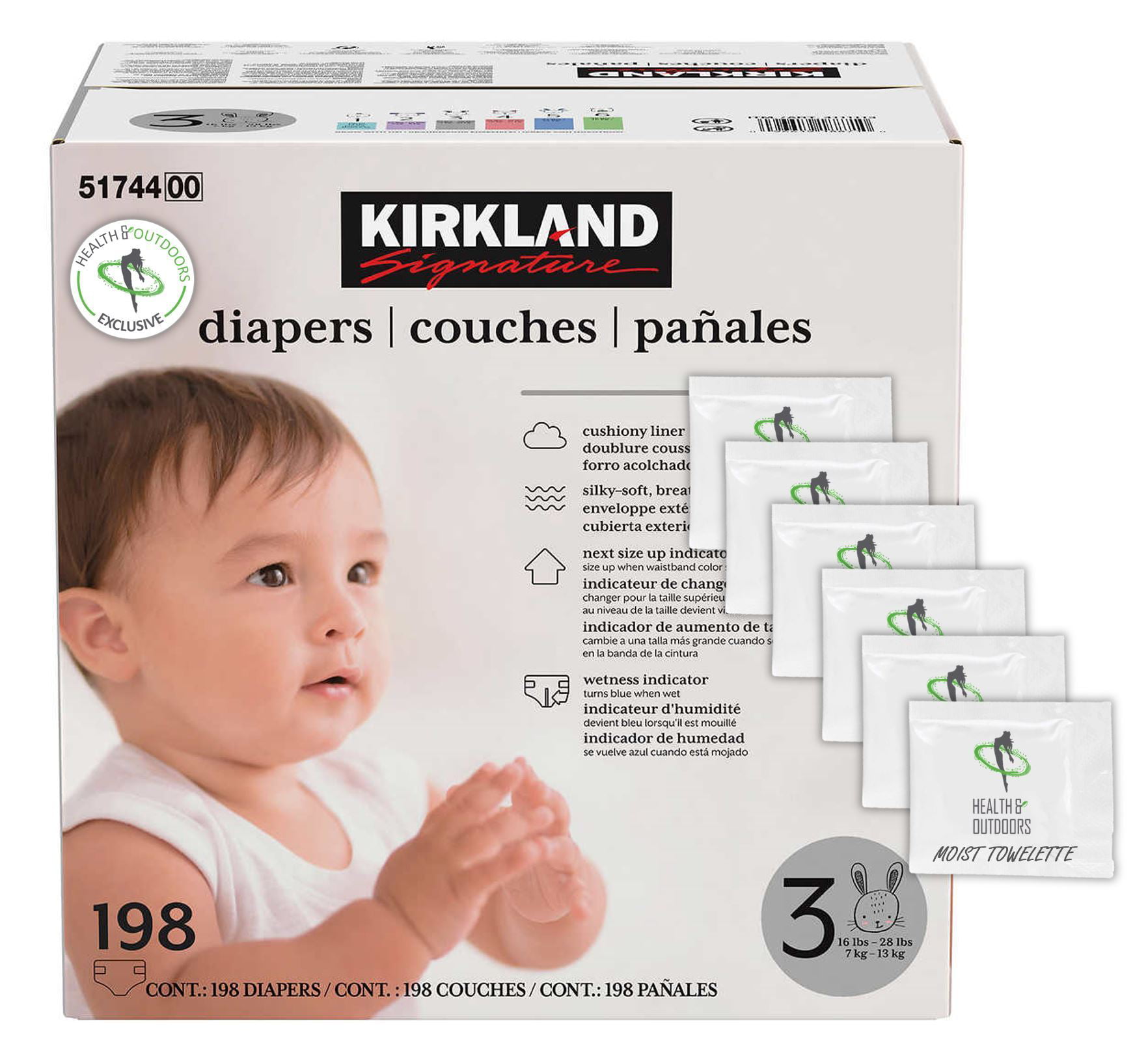174 Count W/ Exclusive Health and Outdoors Wipes 12lbs - 18 lbs Kirkland Signature Diapers Size 2