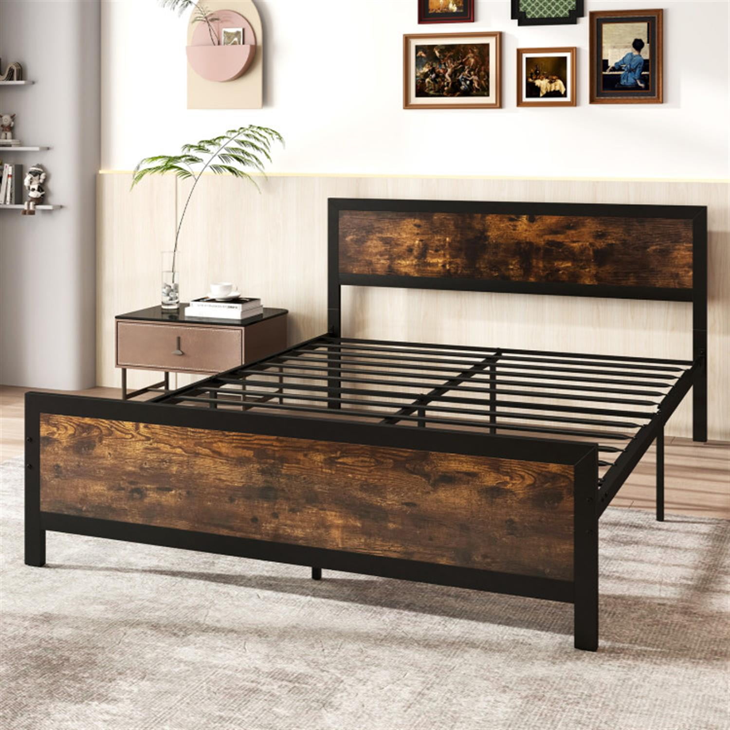 Demi Bonn Queen Size Bed Frame with Headboard and Footboard, Modern Metal Platform Bed Frame with Under Bed Storage, No Box Spring Needed, Brown