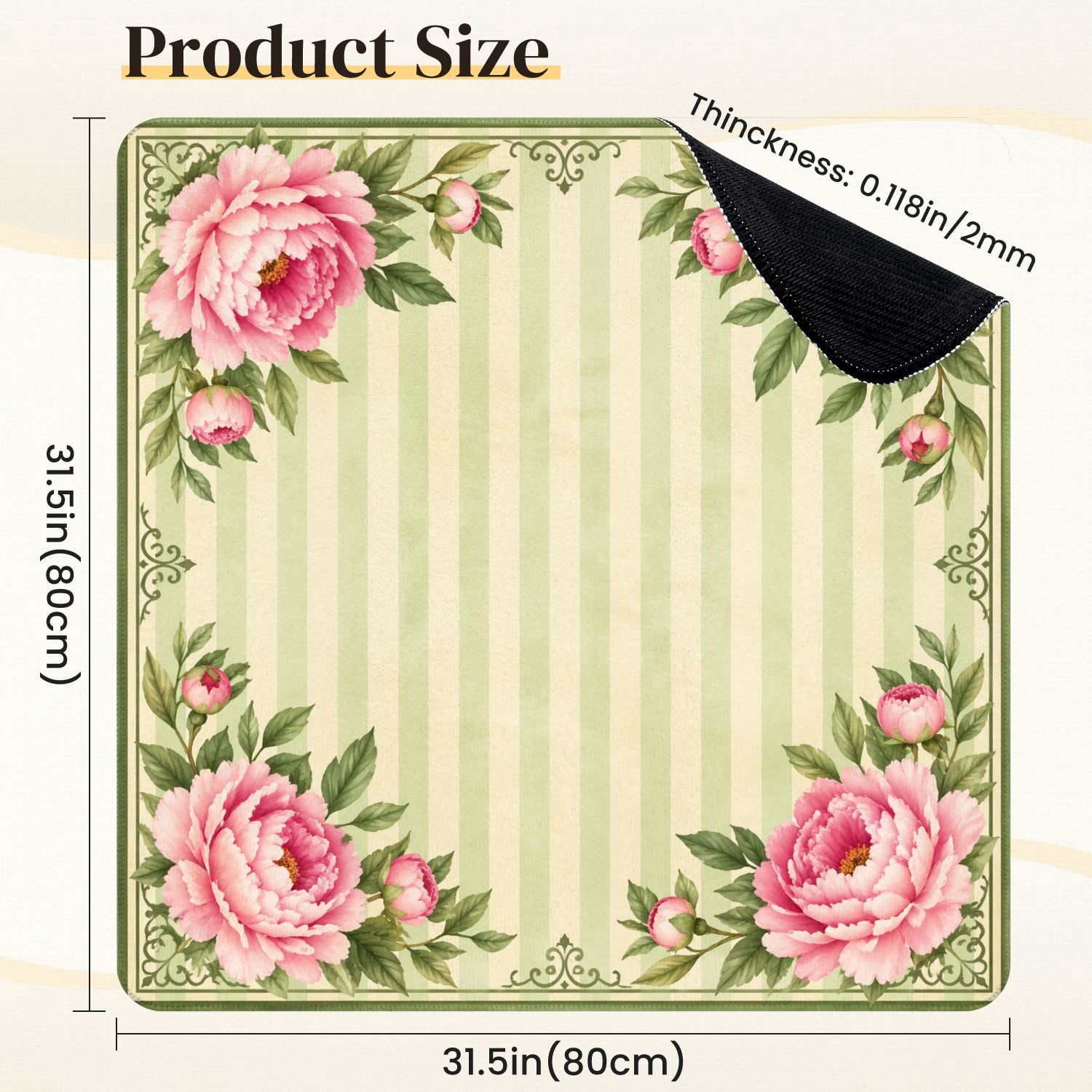 Mahjong Mat 31.5" x 31.5" Pink Floral Mint Green Stripes Vintage Botanical Watercolor Style Non-Slip Noise Reduction Mahjong Tiles Table Cover for Dominoes Poker Card Board and Tile Games