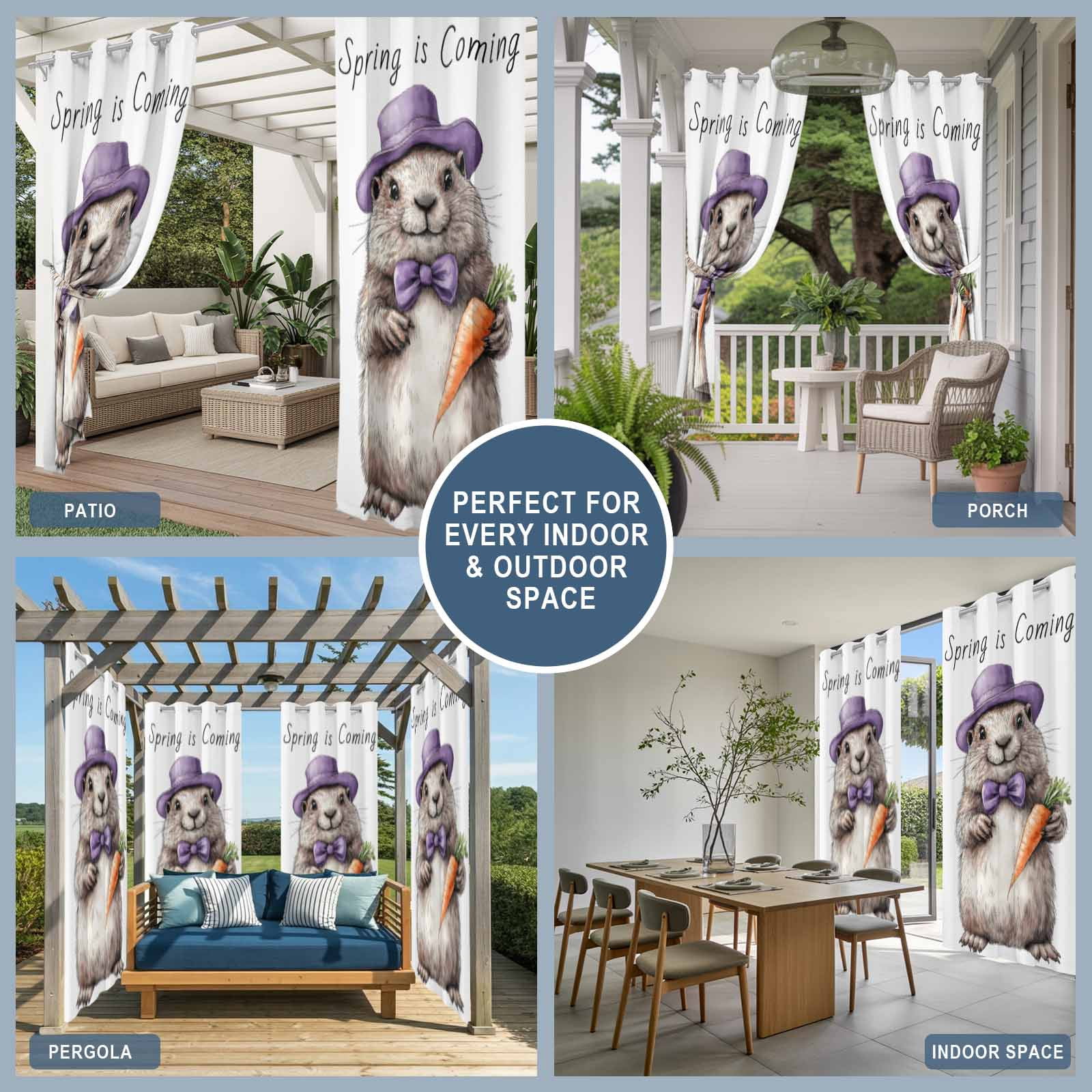 Outdoor Curtains for Patio Waterproof, Groundhog Day Windproof Pravicy Outside Porch Blackout Curtain, Spring Cute Grey Animals Carrot Sun Blocking Grommets Curtains for Cabana Gazebo 54"x108"
